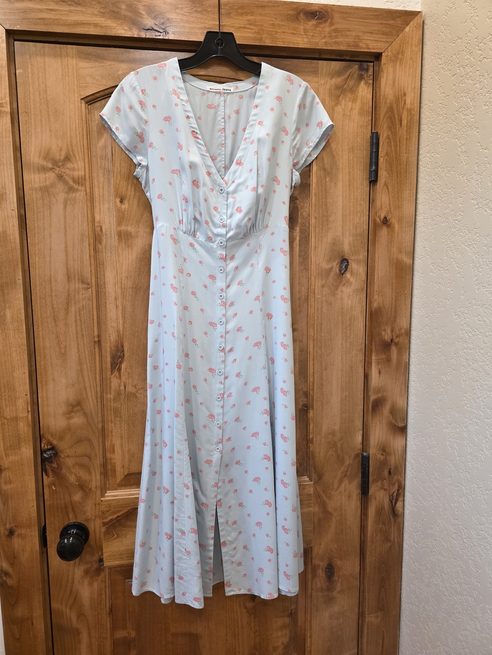 Reformation Pale Blue Midi Dress with Pink Floral Print